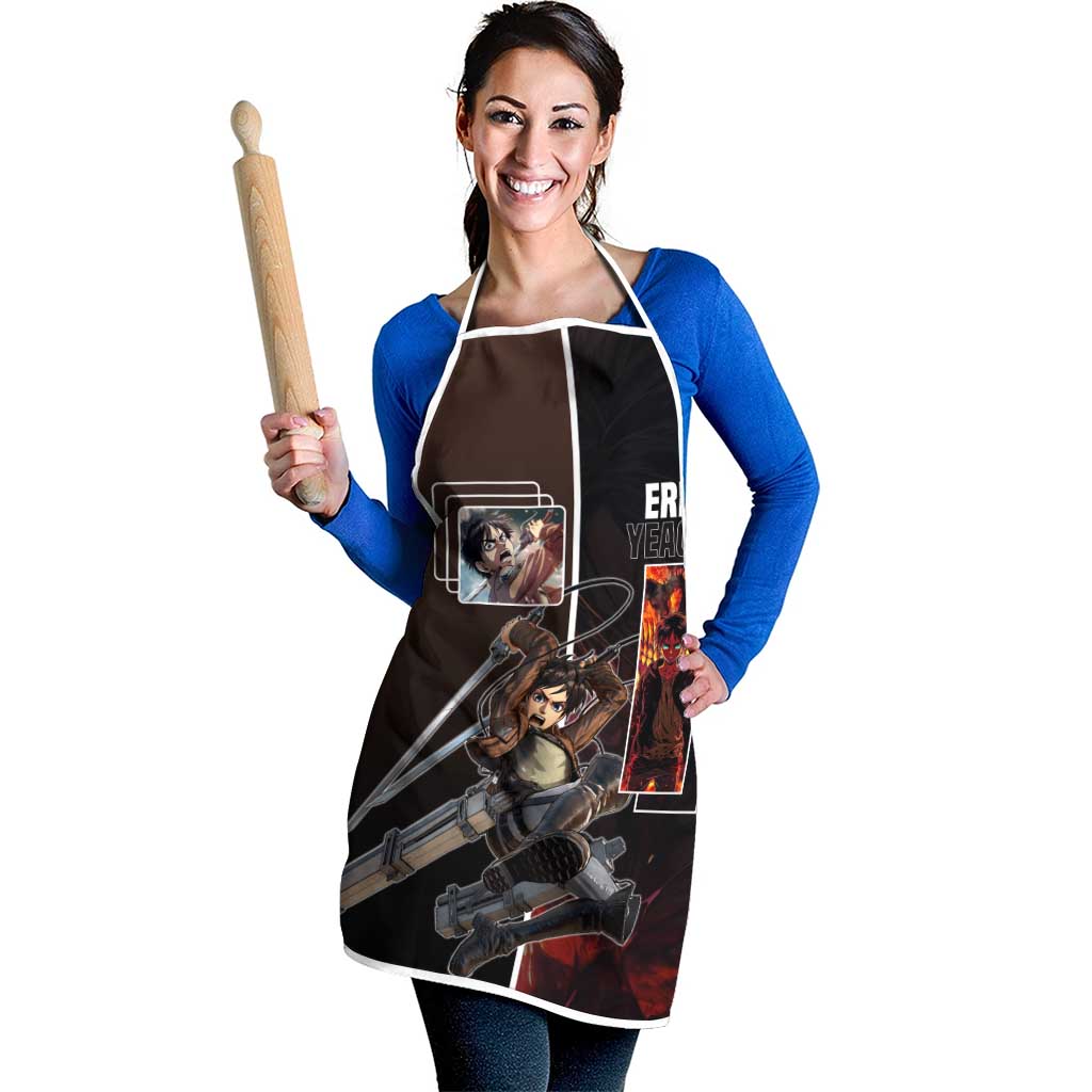 Eren Yeager from Attack on Titan Apron with Action Poses and Fiery Background Design - The Mazicc