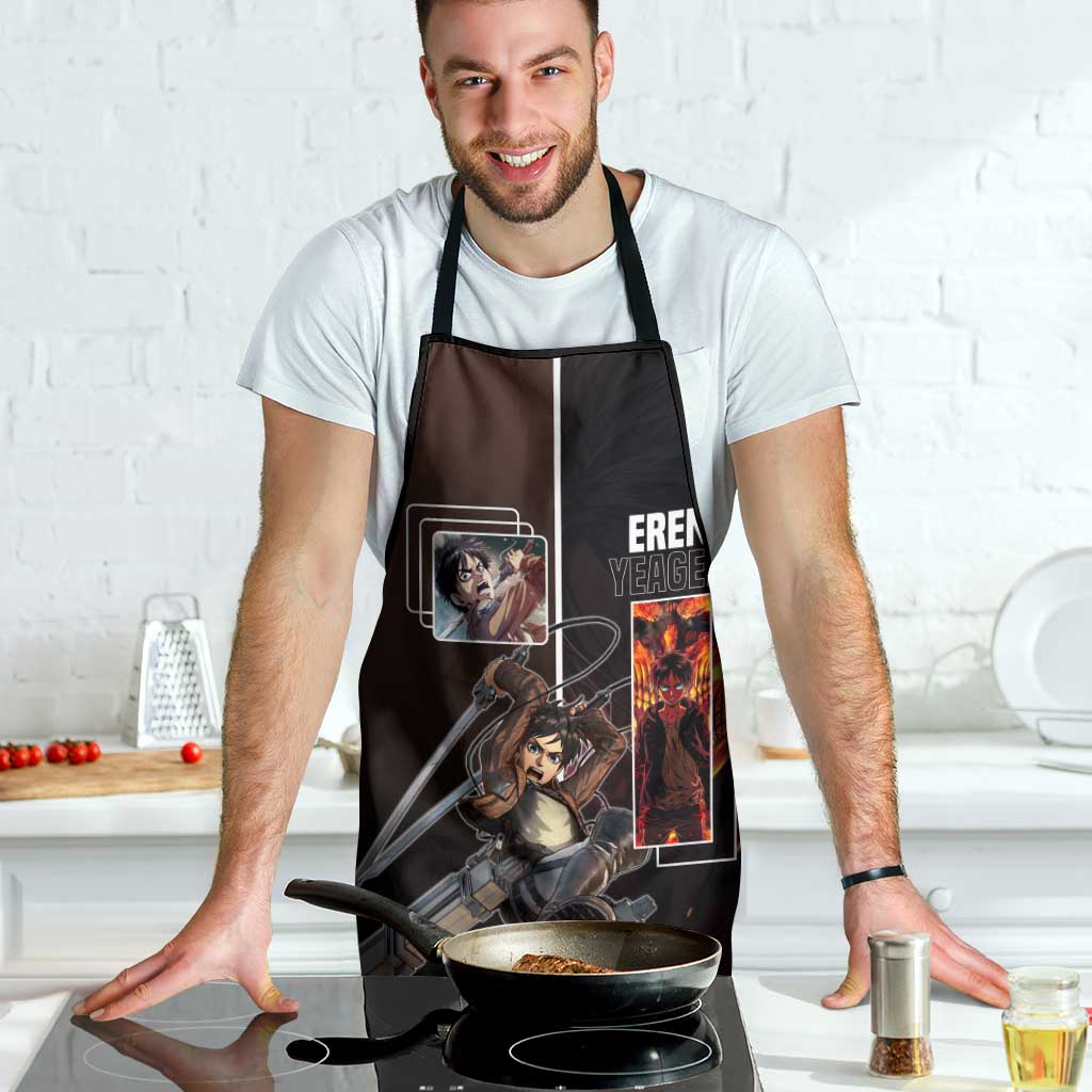 Eren Yeager from Attack on Titan Apron with Action Poses and Fiery Background Design - The Mazicc