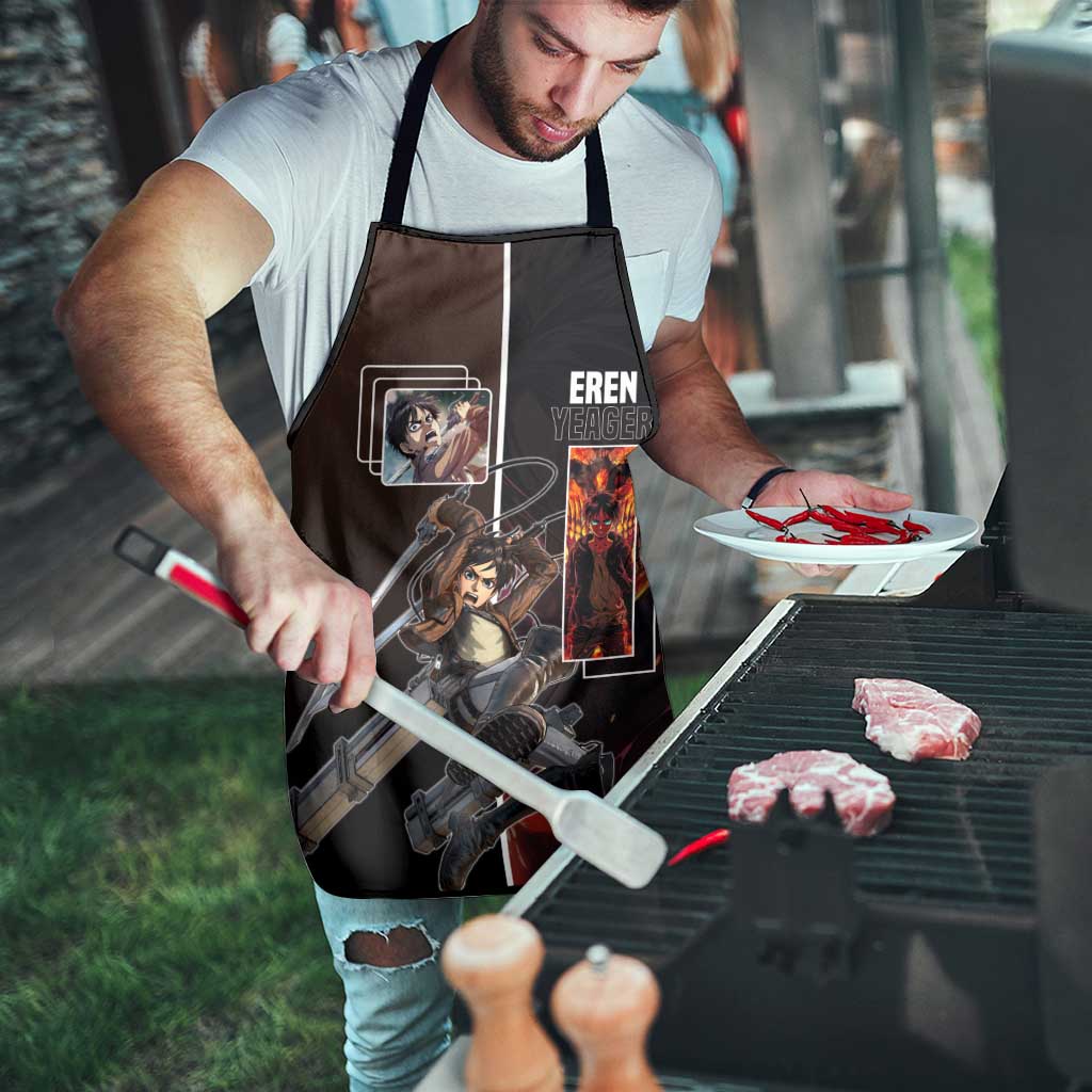 Eren Yeager from Attack on Titan Apron with Action Poses and Fiery Background Design - The Mazicc