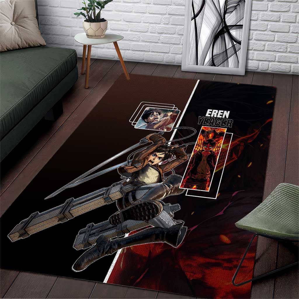 Eren Yeager from Attack on Titan Area Rug with Action Poses and Fiery Background Design - The Mazicc