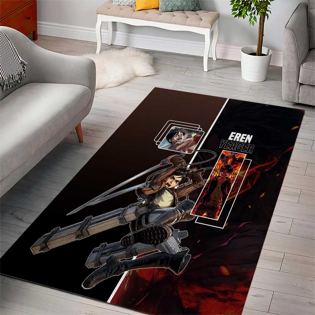 Eren Yeager from Attack on Titan Area Rug with Action Poses and Fiery Background Design - The Mazicc