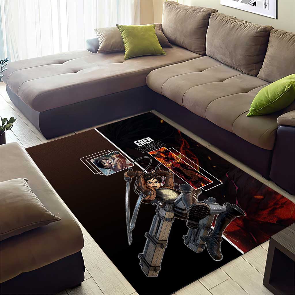 Eren Yeager from Attack on Titan Area Rug with Action Poses and Fiery Background Design - The Mazicc