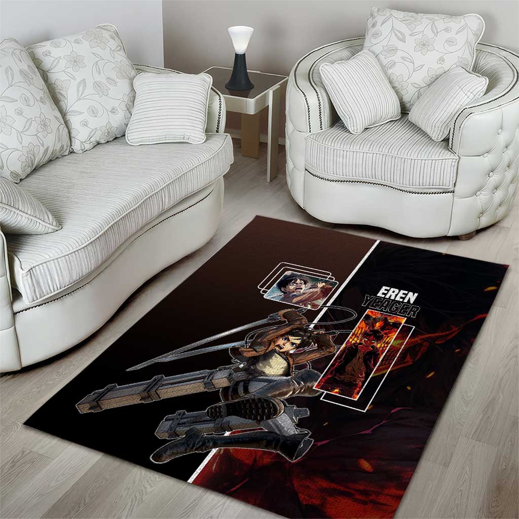 Eren Yeager from Attack on Titan Area Rug with Action Poses and Fiery Background Design - The Mazicc