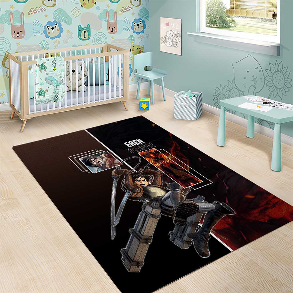 Eren Yeager from Attack on Titan Area Rug with Action Poses and Fiery Background Design - The Mazicc