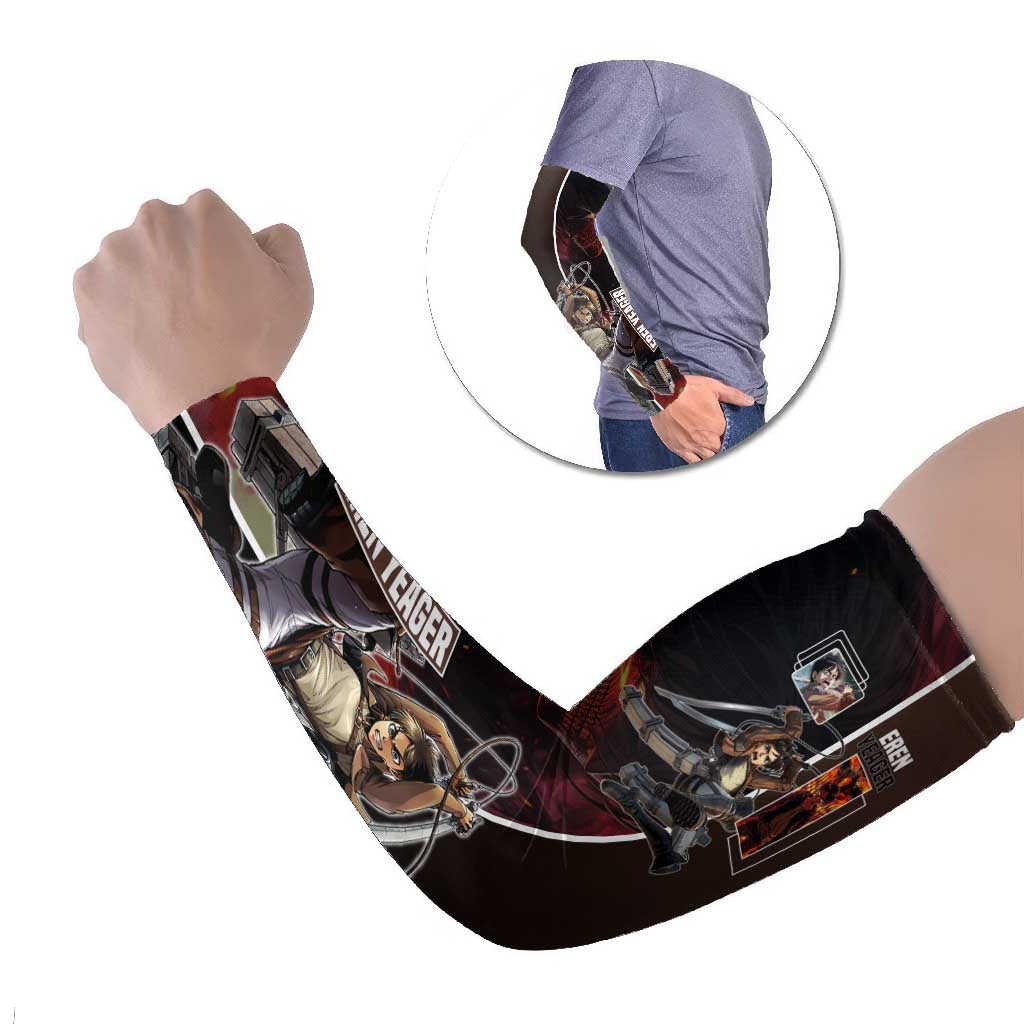 Eren Yeager from Attack on Titan Arm Sleeves with Action Poses and Fiery Background Design - The Mazicc