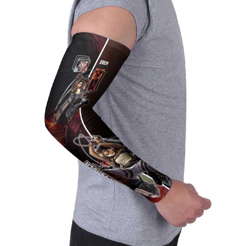 Eren Yeager from Attack on Titan Arm Sleeves with Action Poses and Fiery Background Design - The Mazicc