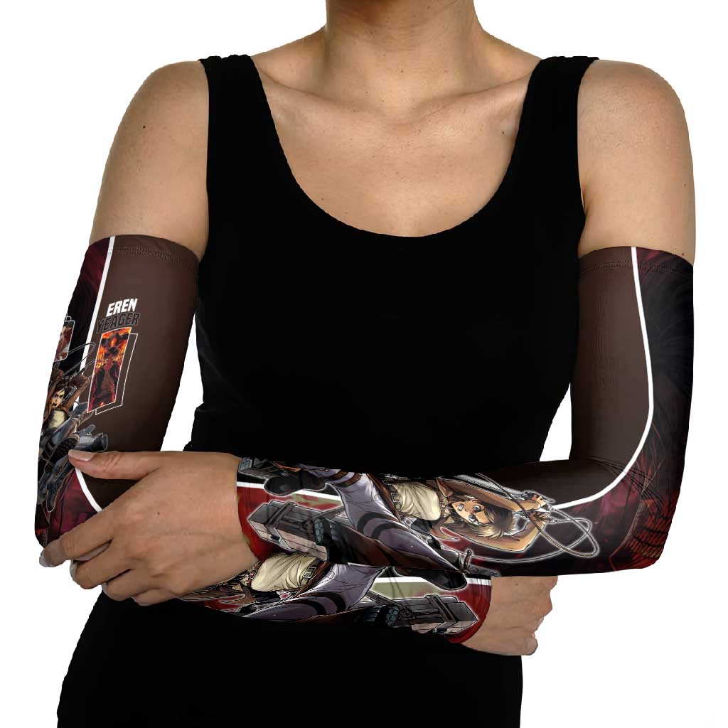 Eren Yeager from Attack on Titan Arm Sleeves with Action Poses and Fiery Background Design - The Mazicc