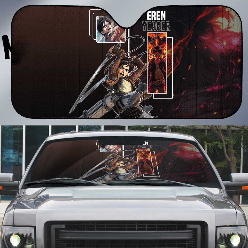 Eren Yeager from Attack on Titan Auto Sun Shade with Action Poses and Fiery Background Design - The Mazicc