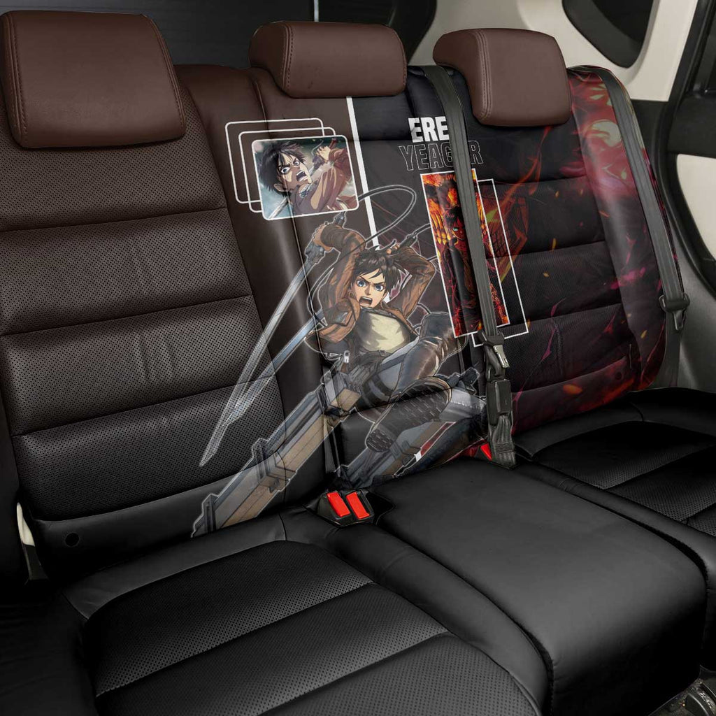 Eren Yeager from Attack on Titan Back Car Seat Cover with Action Poses and Fiery Background Design - The Mazicc