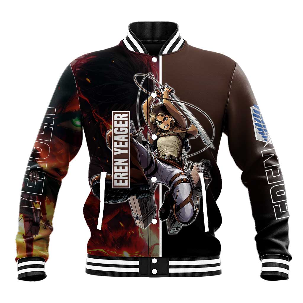 Eren Yeager from Attack on Titan Baseball Jacket with Action Poses and Fiery Background Design - The Mazicc