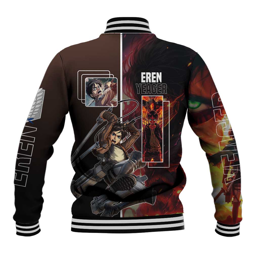 Eren Yeager from Attack on Titan Baseball Jacket with Action Poses and Fiery Background Design - The Mazicc