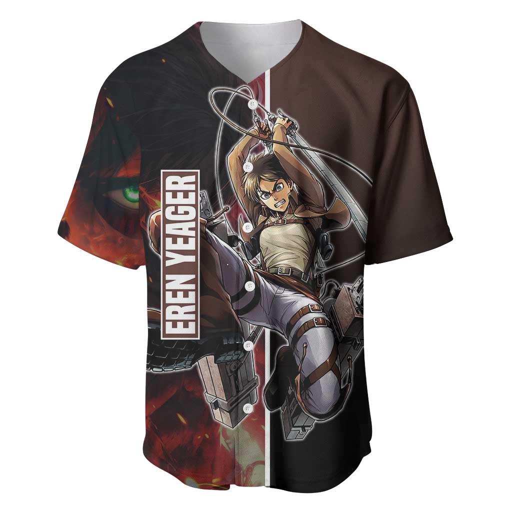 Eren Yeager from Attack on Titan Baseball Jersey with Action Poses and Fiery Background Design - The Mazicc