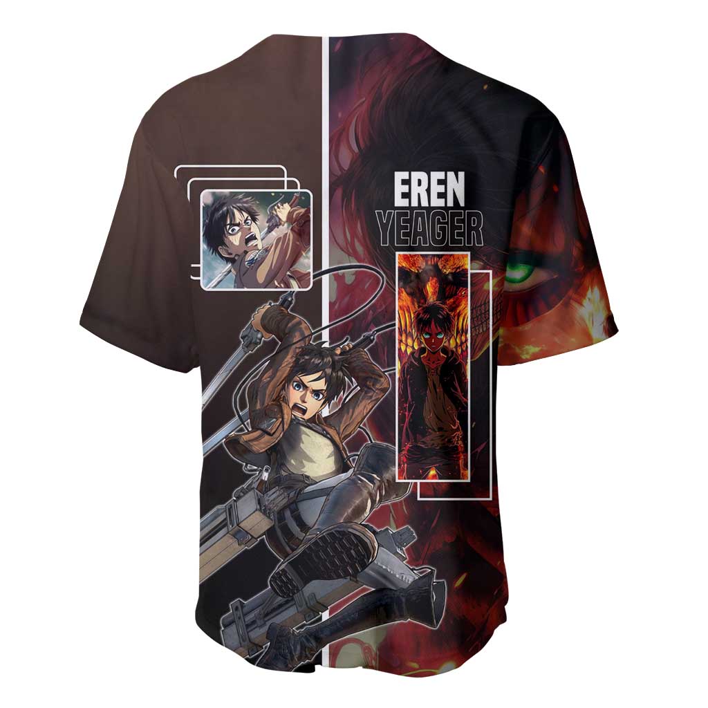 Eren Yeager from Attack on Titan Baseball Jersey with Action Poses and Fiery Background Design - The Mazicc