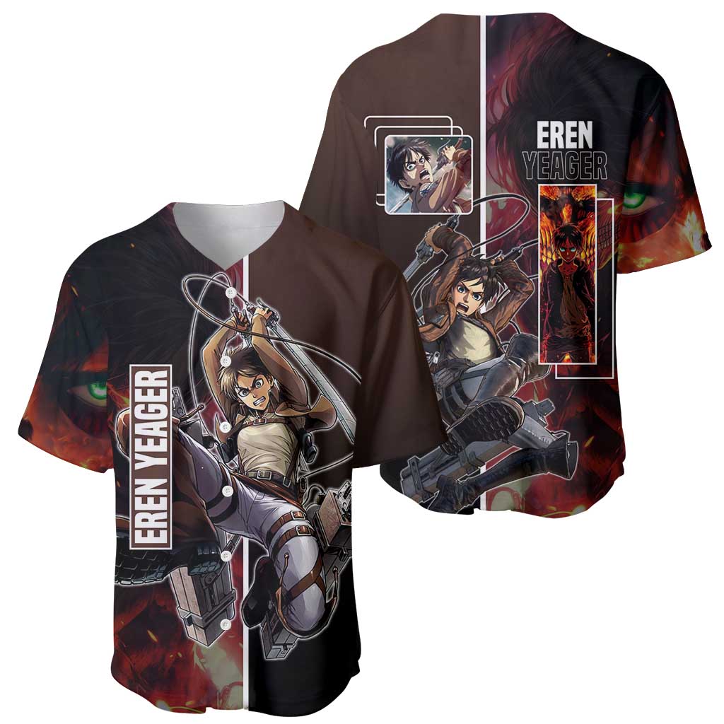 Eren Yeager from Attack on Titan Baseball Jersey with Action Poses and Fiery Background Design - The Mazicc