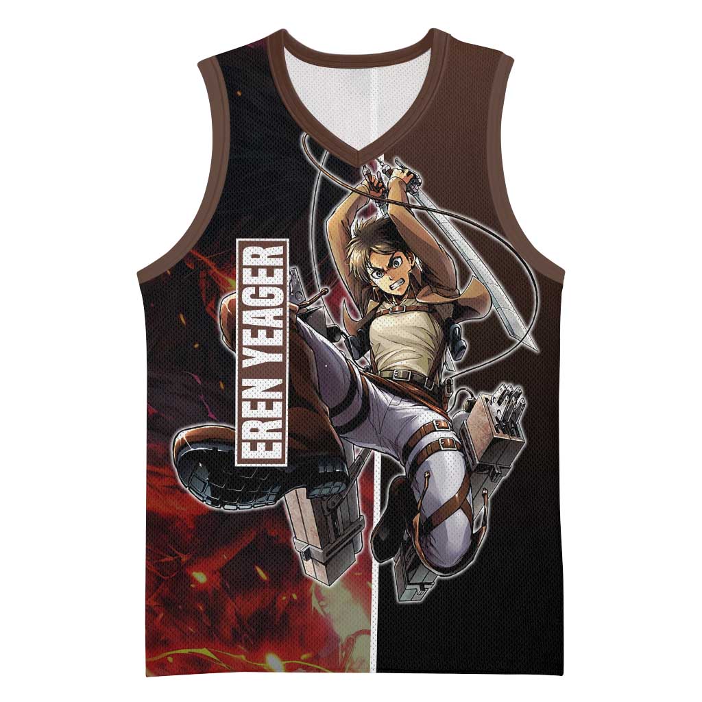 Eren Yeager from Attack on Titan Basketball Jersey with Action Poses and Fiery Background Design - The Mazicc