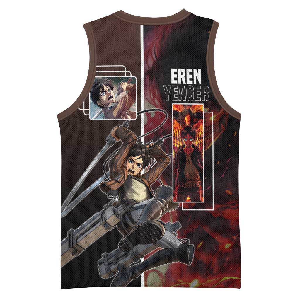 Eren Yeager from Attack on Titan Basketball Jersey with Action Poses and Fiery Background Design - The Mazicc