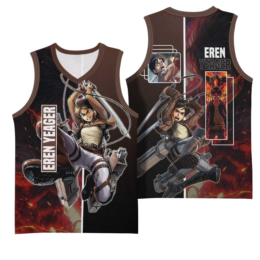Eren Yeager from Attack on Titan Basketball Jersey with Action Poses and Fiery Background Design - The Mazicc