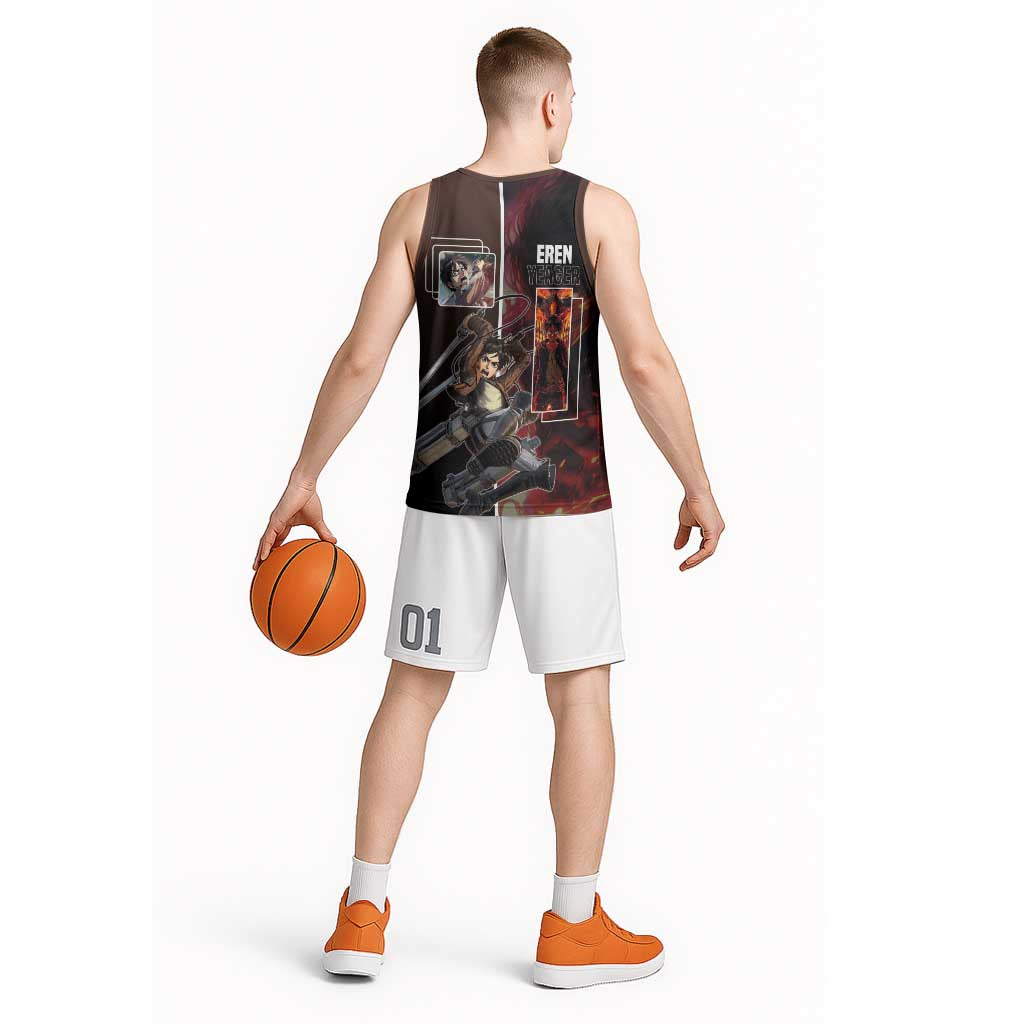 Eren Yeager from Attack on Titan Basketball Jersey with Action Poses and Fiery Background Design - The Mazicc