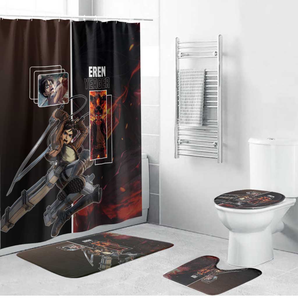 Eren Yeager from Attack on Titan Bathroom Set with Action Poses and Fiery Background Design - The Mazicc