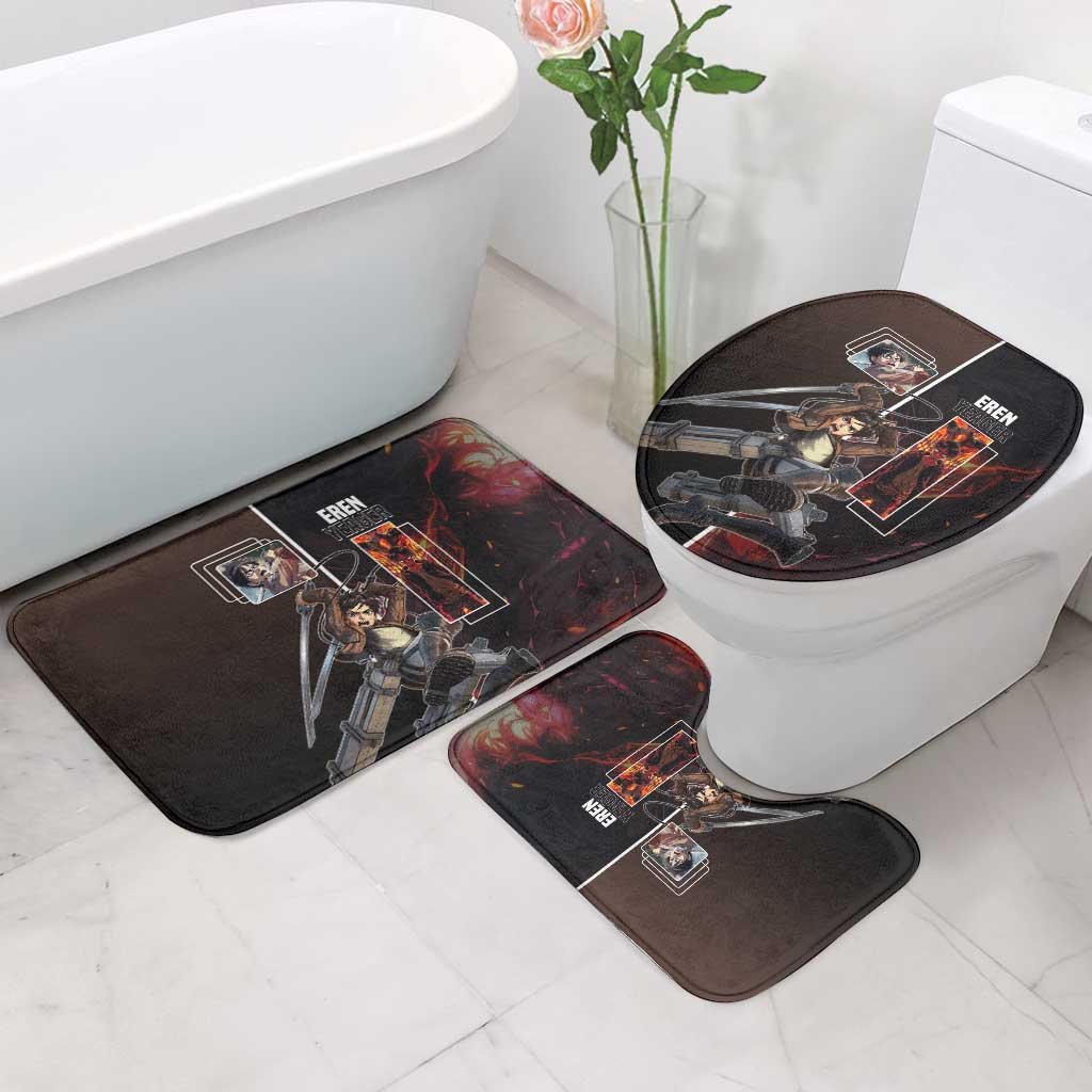 Eren Yeager from Attack on Titan Bathroom Set with Action Poses and Fiery Background Design - The Mazicc