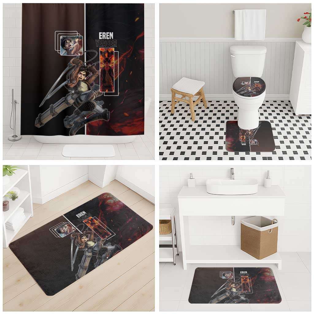 Eren Yeager from Attack on Titan Bathroom Set with Action Poses and Fiery Background Design - The Mazicc