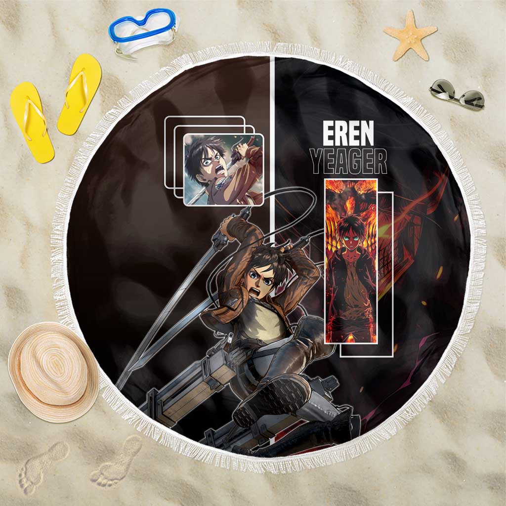 Eren Yeager from Attack on Titan Beach Blanket with Action Poses and Fiery Background Design - The Mazicc