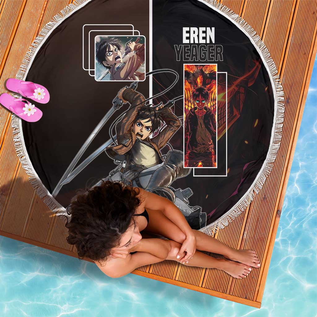 Eren Yeager from Attack on Titan Beach Blanket with Action Poses and Fiery Background Design - The Mazicc