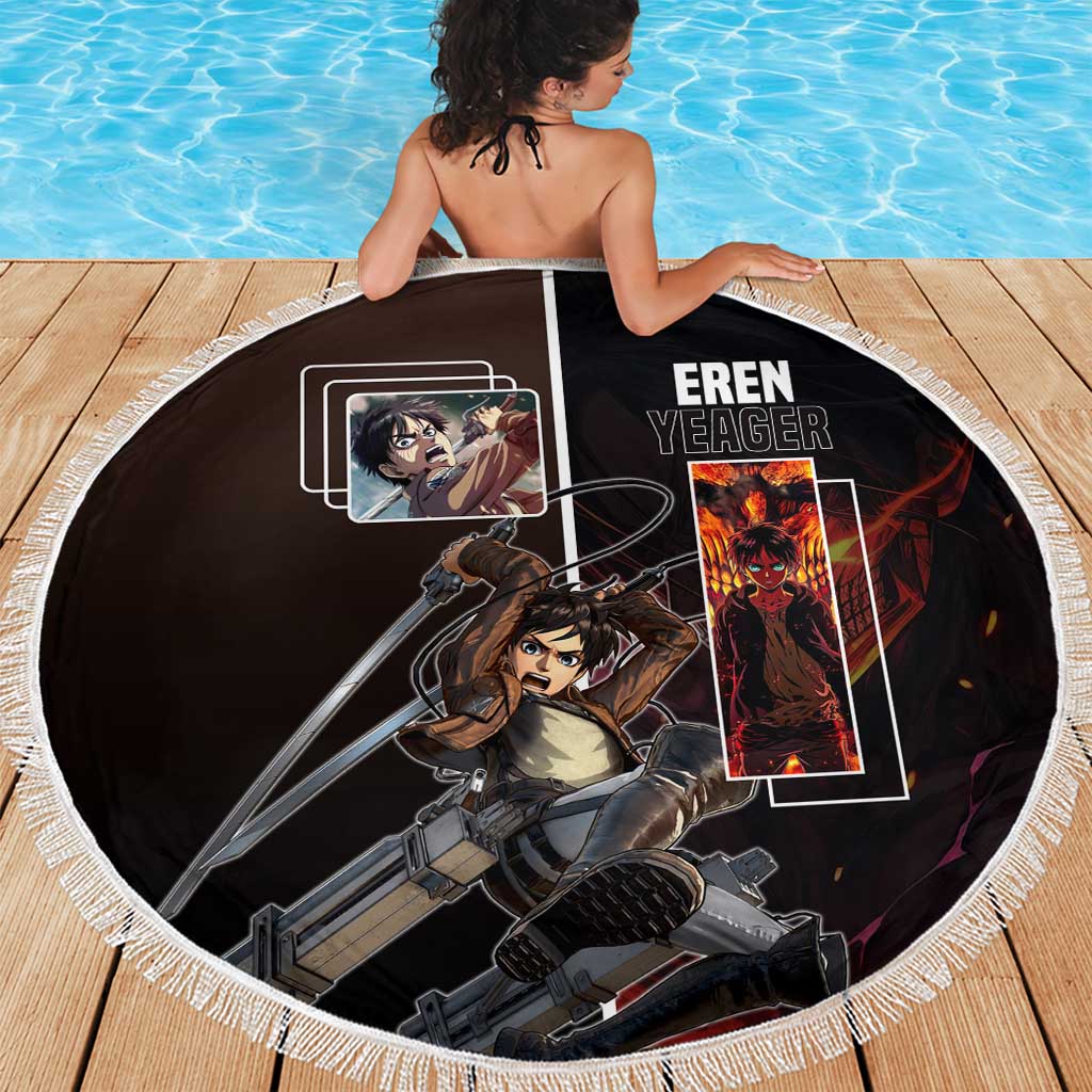 Eren Yeager from Attack on Titan Beach Blanket with Action Poses and Fiery Background Design - The Mazicc