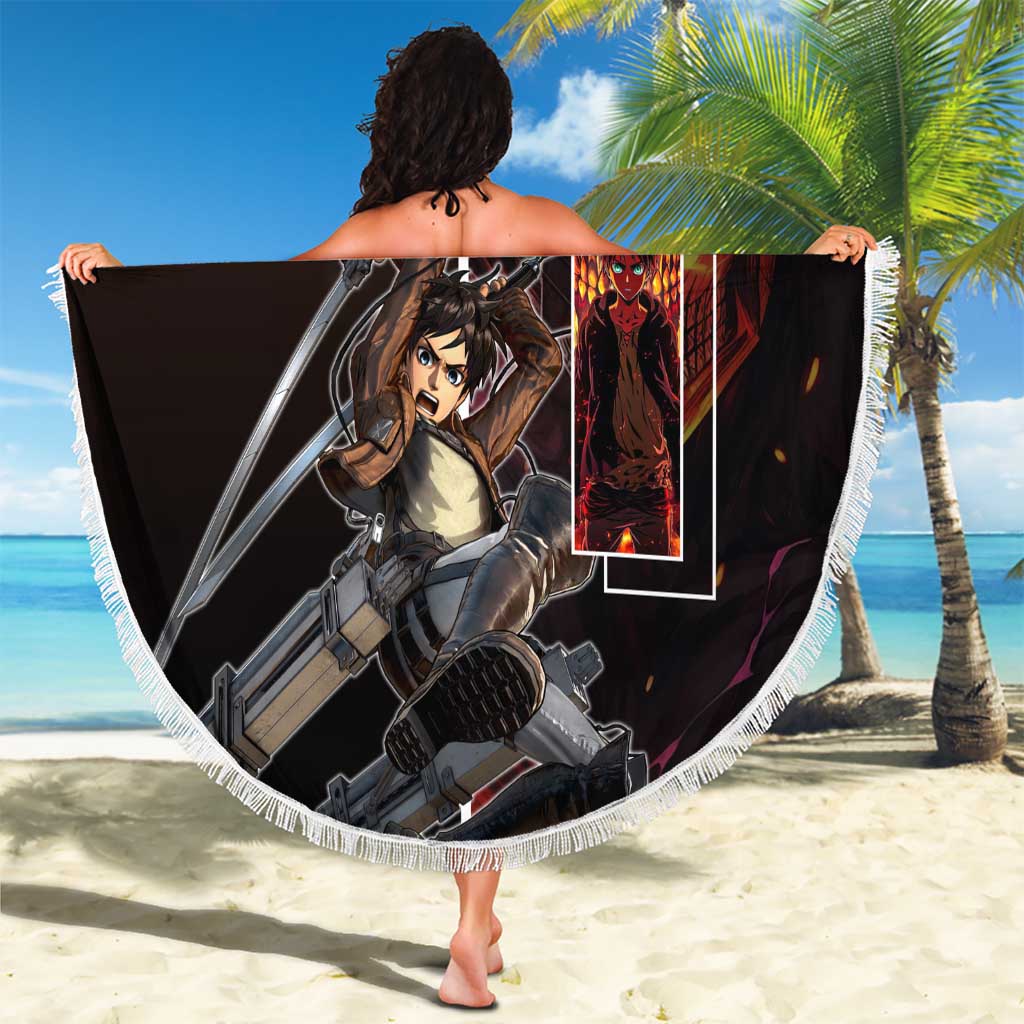 Eren Yeager from Attack on Titan Beach Blanket with Action Poses and Fiery Background Design - The Mazicc