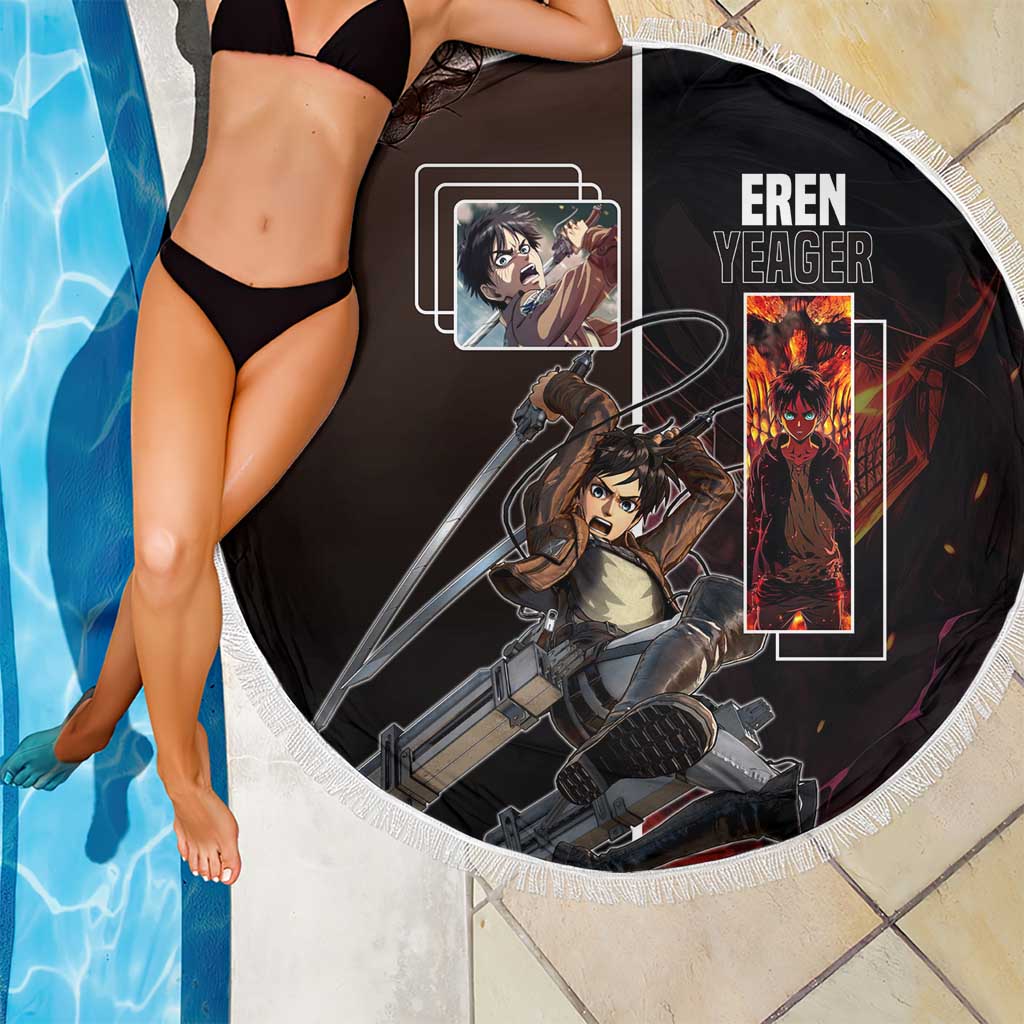 Eren Yeager from Attack on Titan Beach Blanket with Action Poses and Fiery Background Design - The Mazicc
