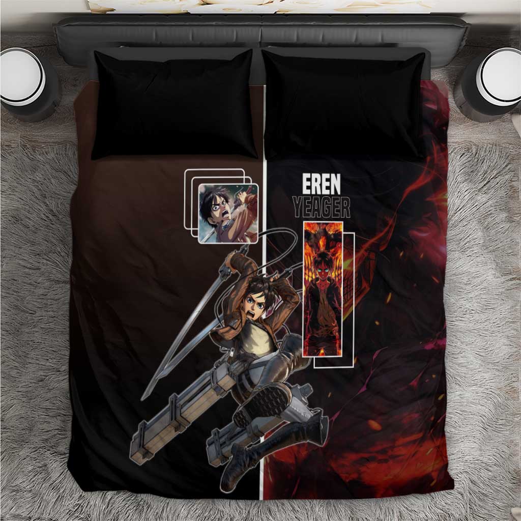 Eren Yeager from Attack on Titan Bedding Set with Action Poses and Fiery Background Design - The Mazicc