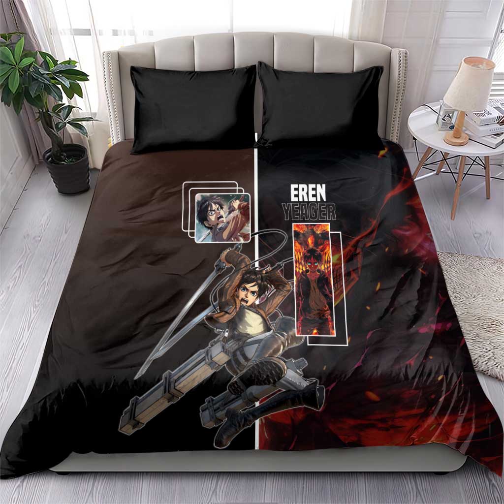 Eren Yeager from Attack on Titan Bedding Set with Action Poses and Fiery Background Design - The Mazicc