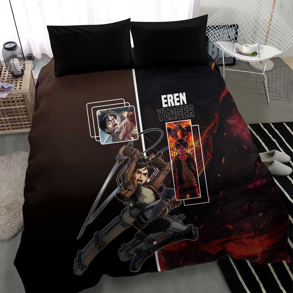 Eren Yeager from Attack on Titan Bedding Set with Action Poses and Fiery Background Design - The Mazicc