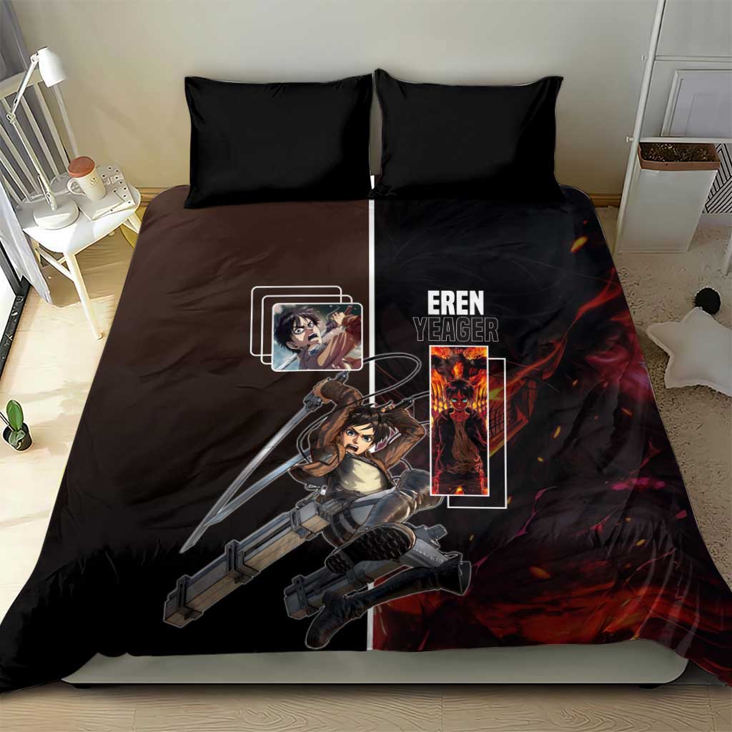 Eren Yeager from Attack on Titan Bedding Set with Action Poses and Fiery Background Design - The Mazicc