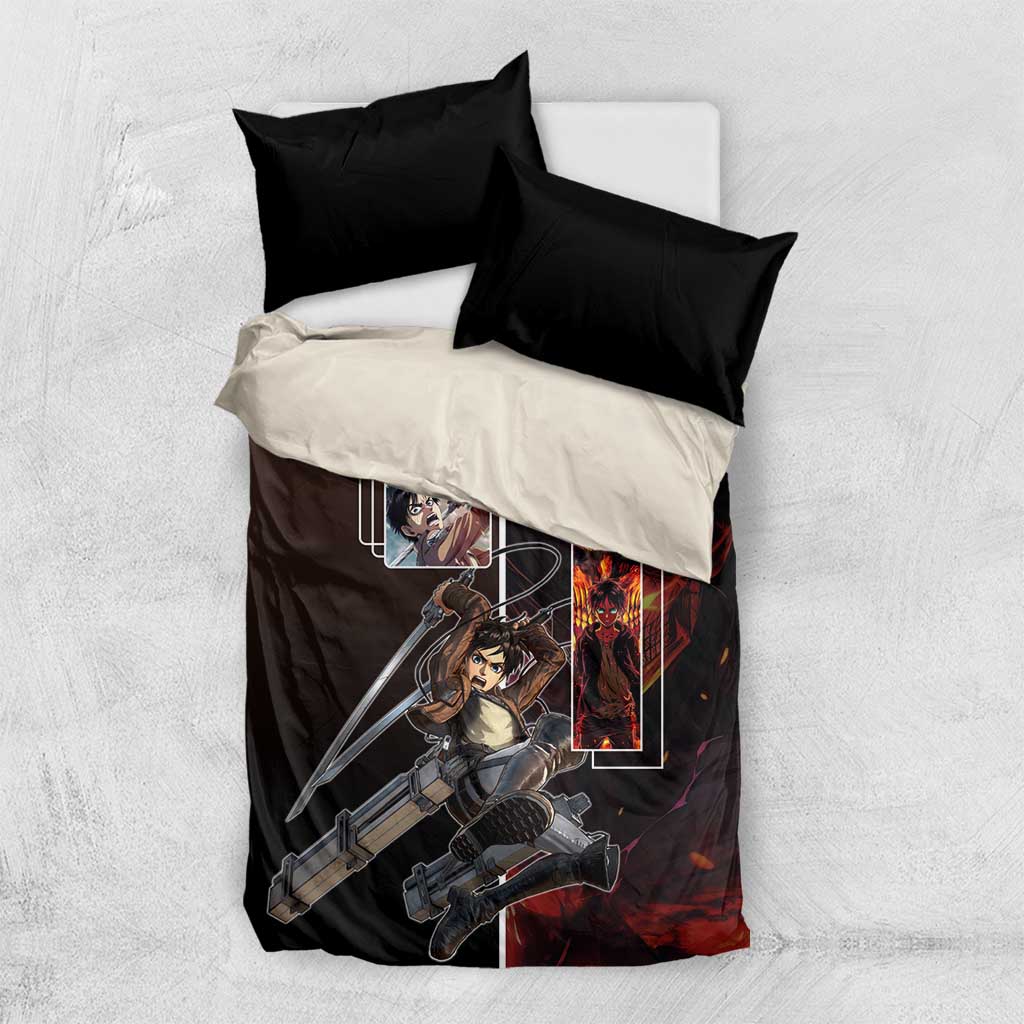 Eren Yeager from Attack on Titan Bedding Set with Action Poses and Fiery Background Design - The Mazicc