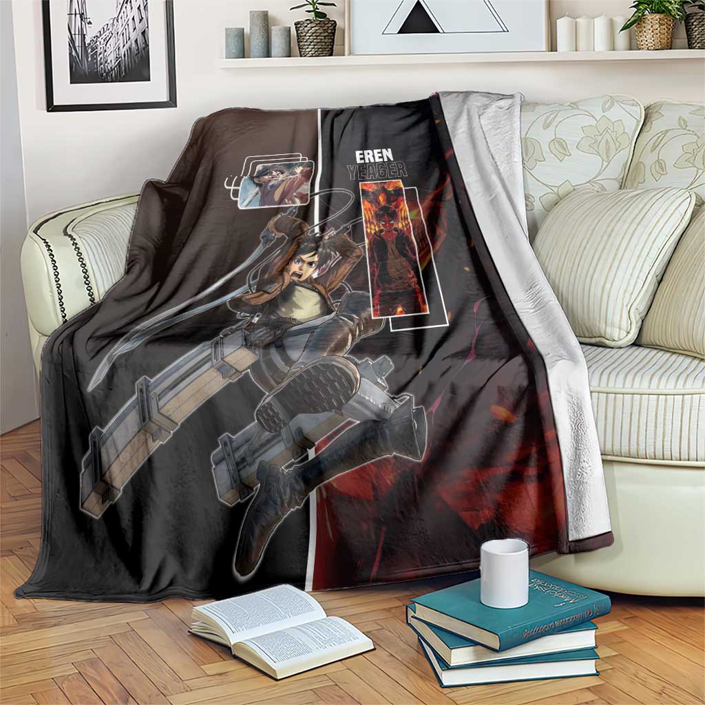 Eren Yeager from Attack on Titan Blanket with Action Poses and Fiery Background Design - The Mazicc