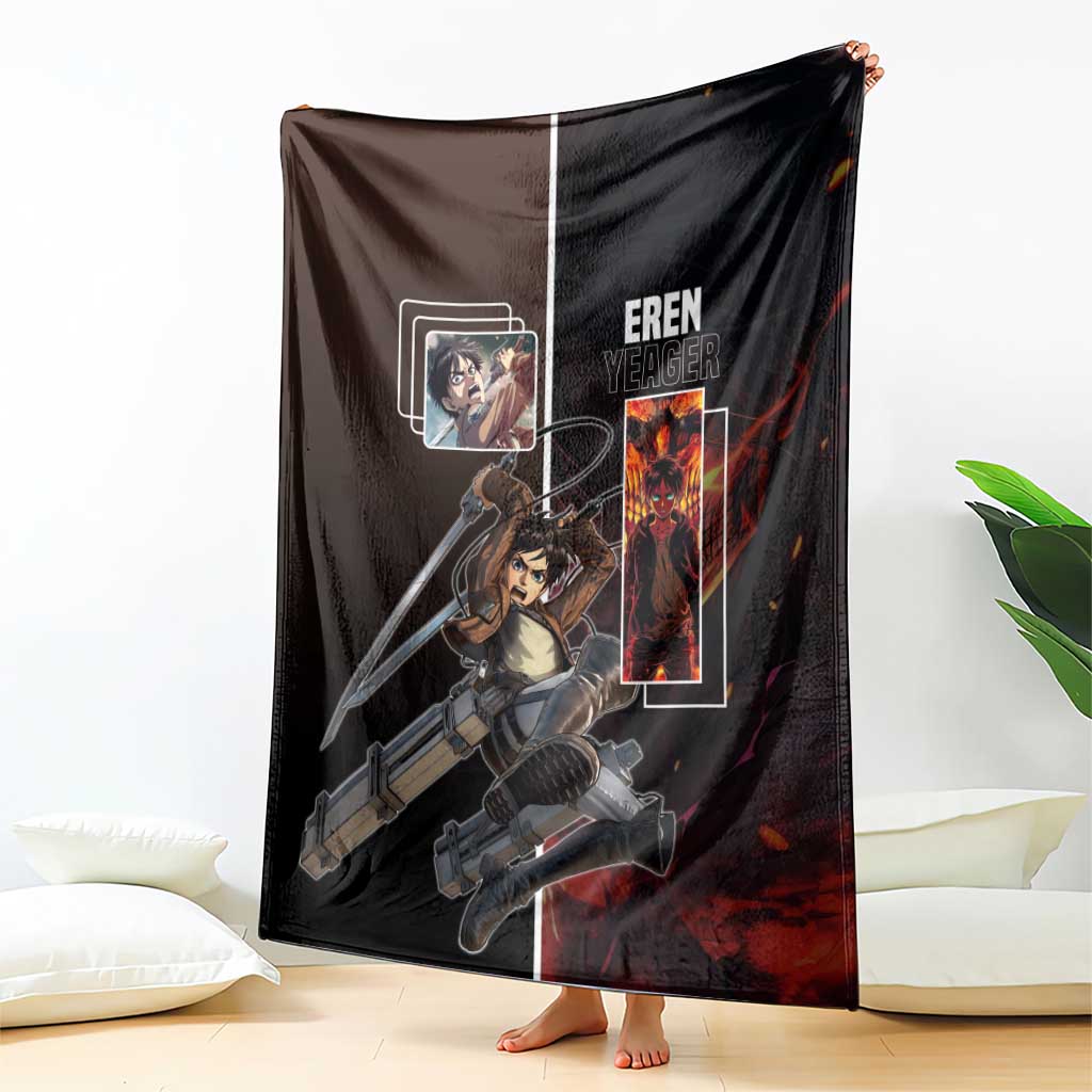 Eren Yeager from Attack on Titan Blanket with Action Poses and Fiery Background Design - The Mazicc