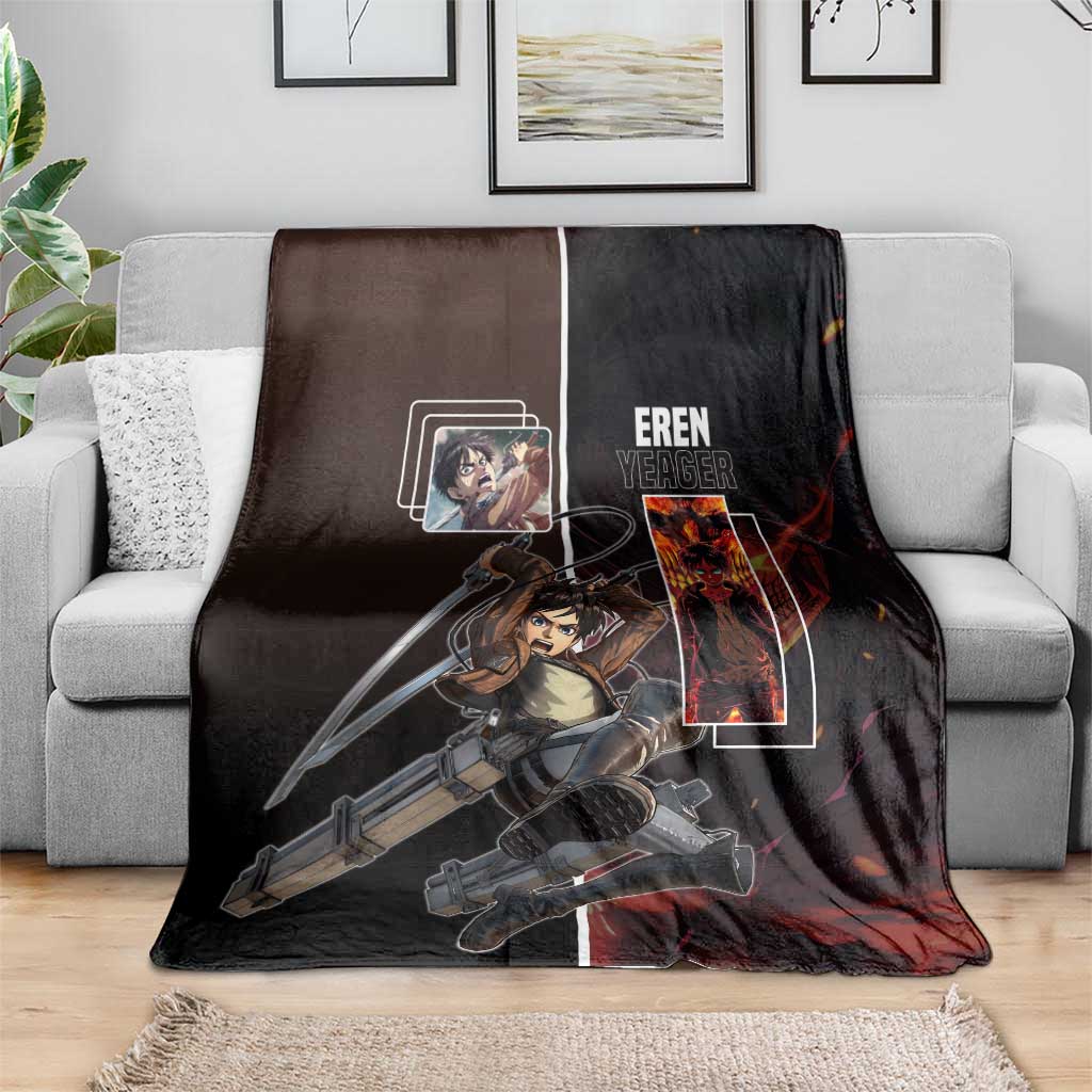 Eren Yeager from Attack on Titan Blanket with Action Poses and Fiery Background Design - The Mazicc