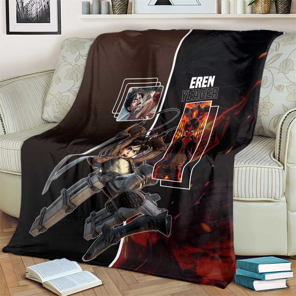 Eren Yeager from Attack on Titan Blanket with Action Poses and Fiery Background Design - The Mazicc