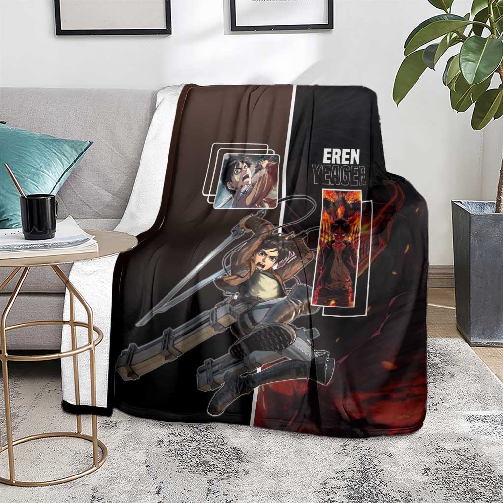 Eren Yeager from Attack on Titan Blanket with Action Poses and Fiery Background Design - The Mazicc