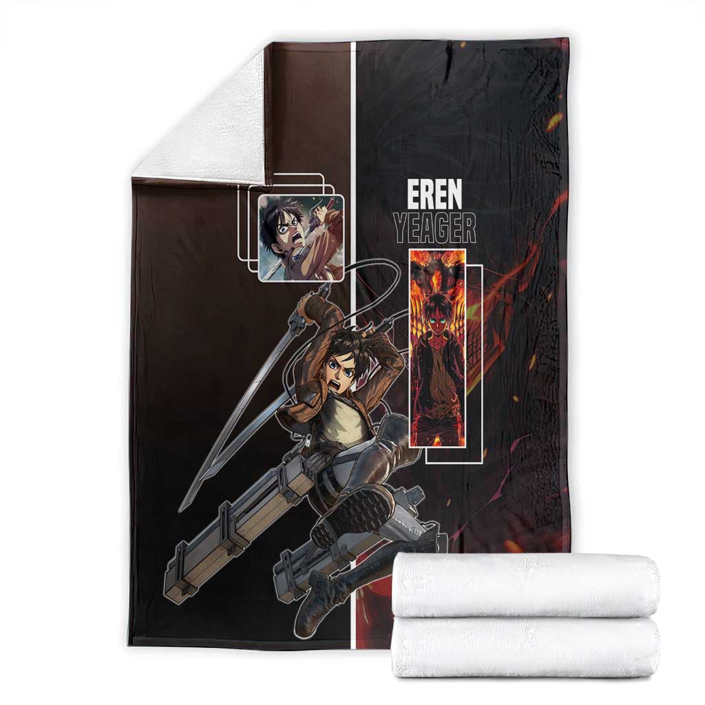Eren Yeager from Attack on Titan Blanket with Action Poses and Fiery Background Design - The Mazicc
