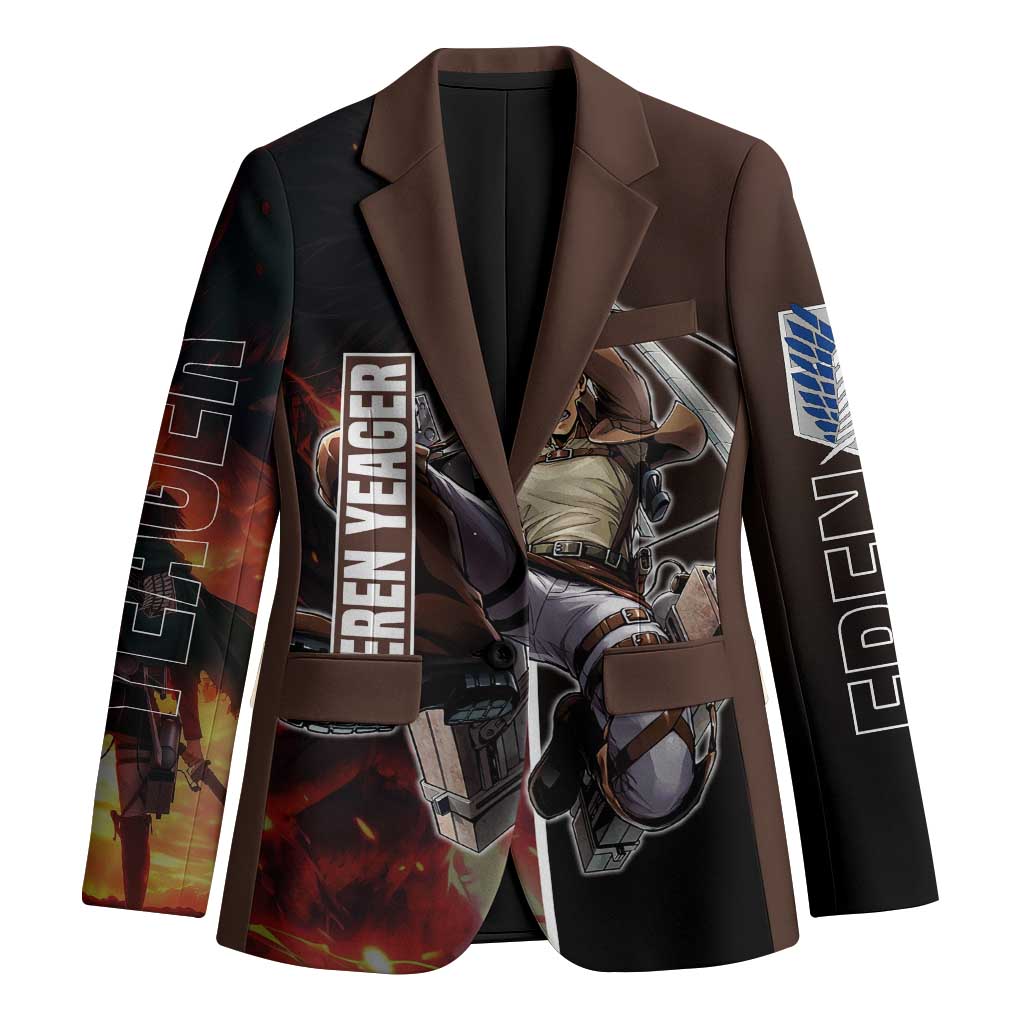 Eren Yeager from Attack on Titan Blazer with Action Poses and Fiery Background Design - The Mazicc
