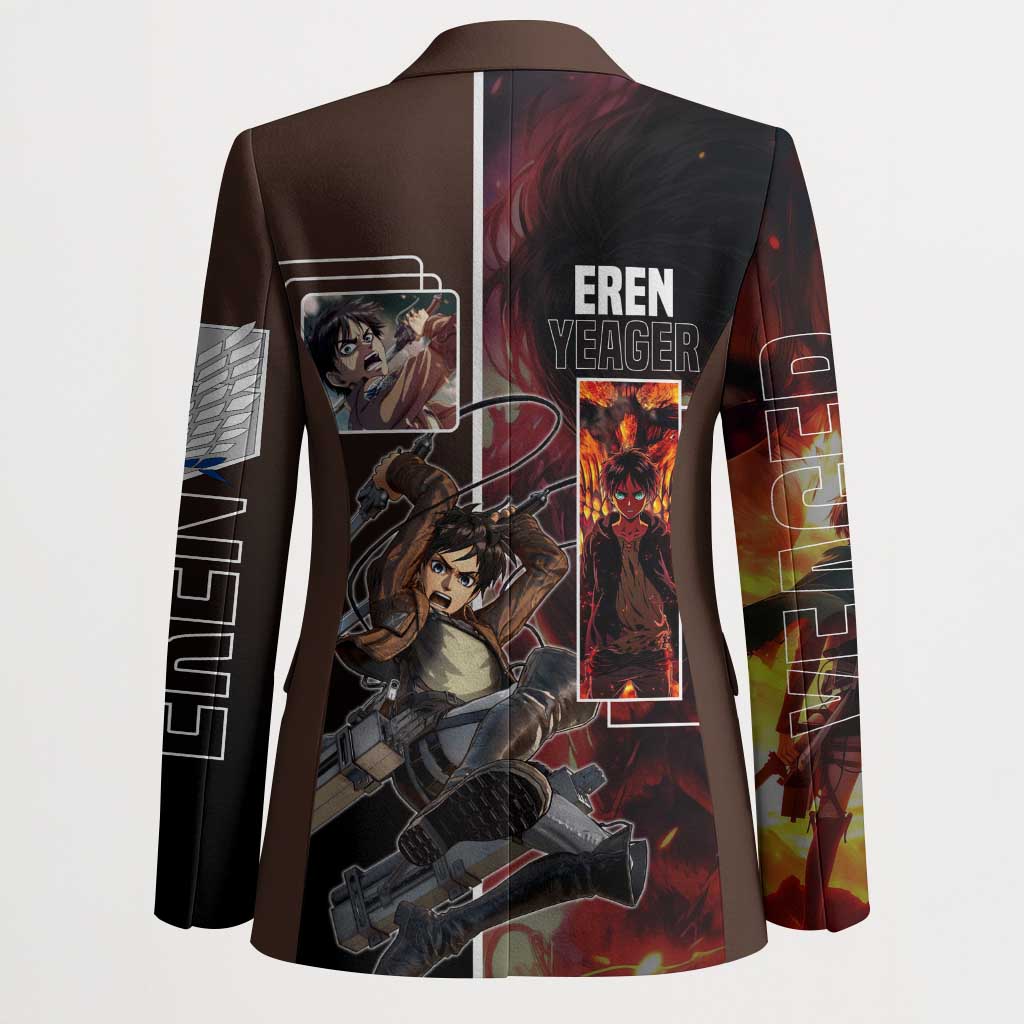 Eren Yeager from Attack on Titan Blazer with Action Poses and Fiery Background Design - The Mazicc