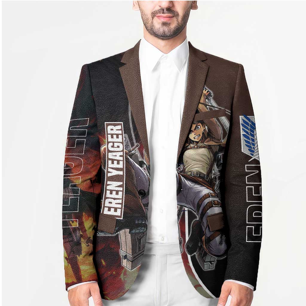 Eren Yeager from Attack on Titan Blazer with Action Poses and Fiery Background Design - The Mazicc