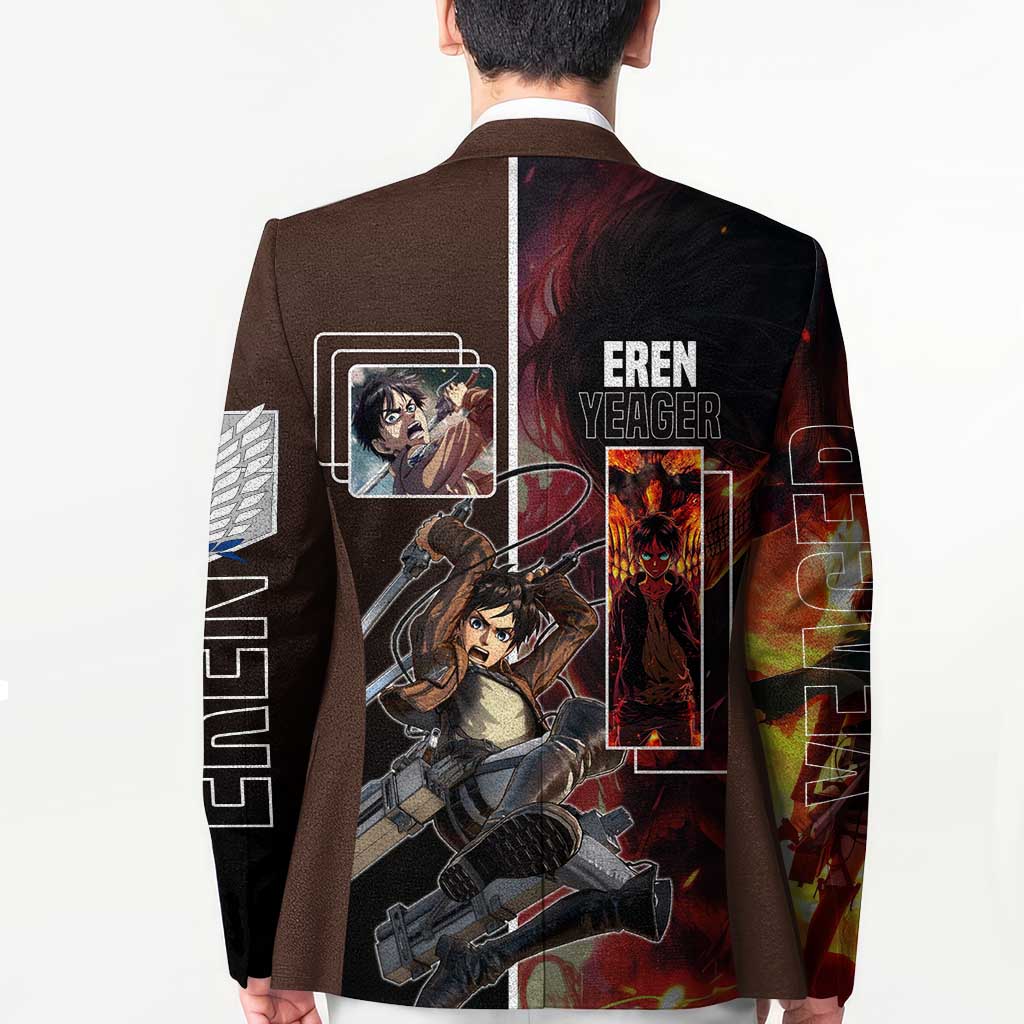 Eren Yeager from Attack on Titan Blazer with Action Poses and Fiery Background Design - The Mazicc