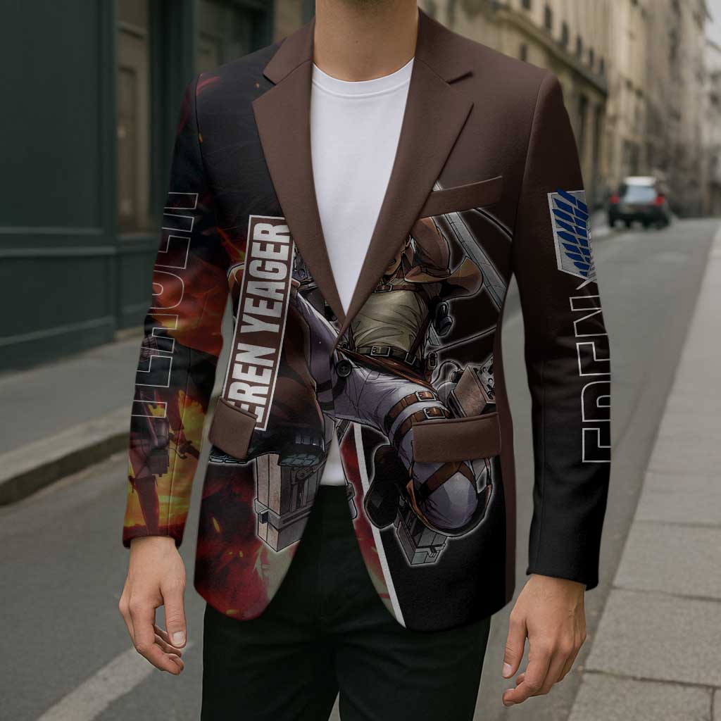 Eren Yeager from Attack on Titan Blazer with Action Poses and Fiery Background Design - The Mazicc