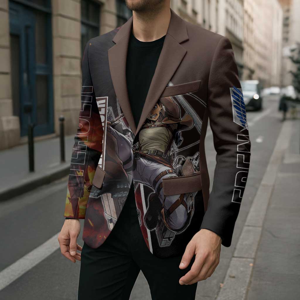 Eren Yeager from Attack on Titan Blazer with Action Poses and Fiery Background Design - The Mazicc