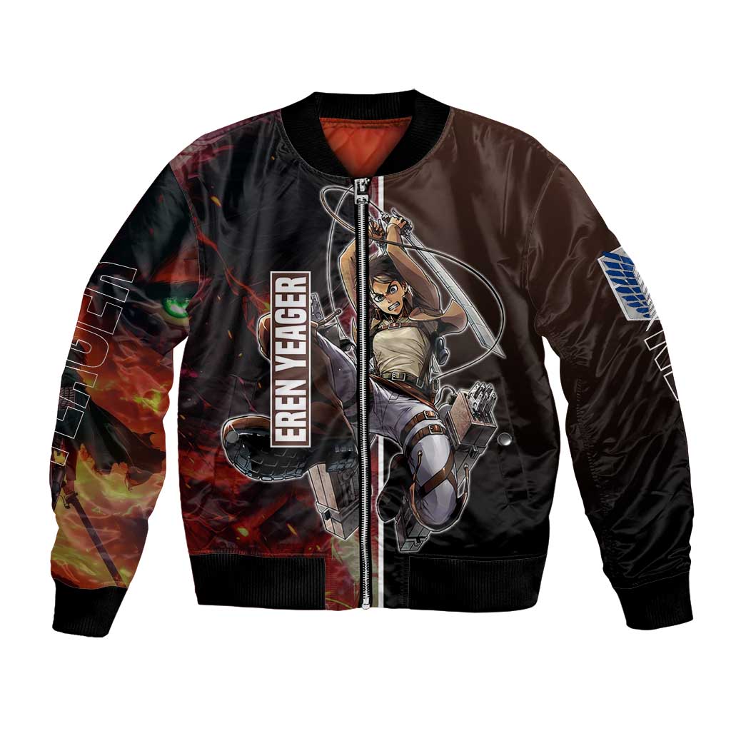 Eren Yeager from Attack on Titan Bomber Jacket with Action Poses and Fiery Background Design - The Mazicc