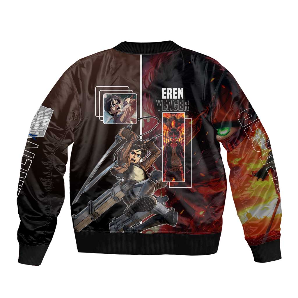 Eren Yeager from Attack on Titan Bomber Jacket with Action Poses and Fiery Background Design - The Mazicc