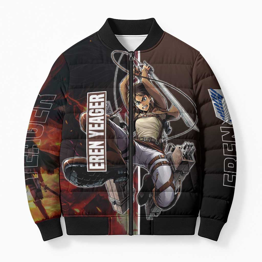 Eren Yeager from Attack on Titan Bomber Puffer Jacket with Action Poses and Fiery Background Design - The Mazicc